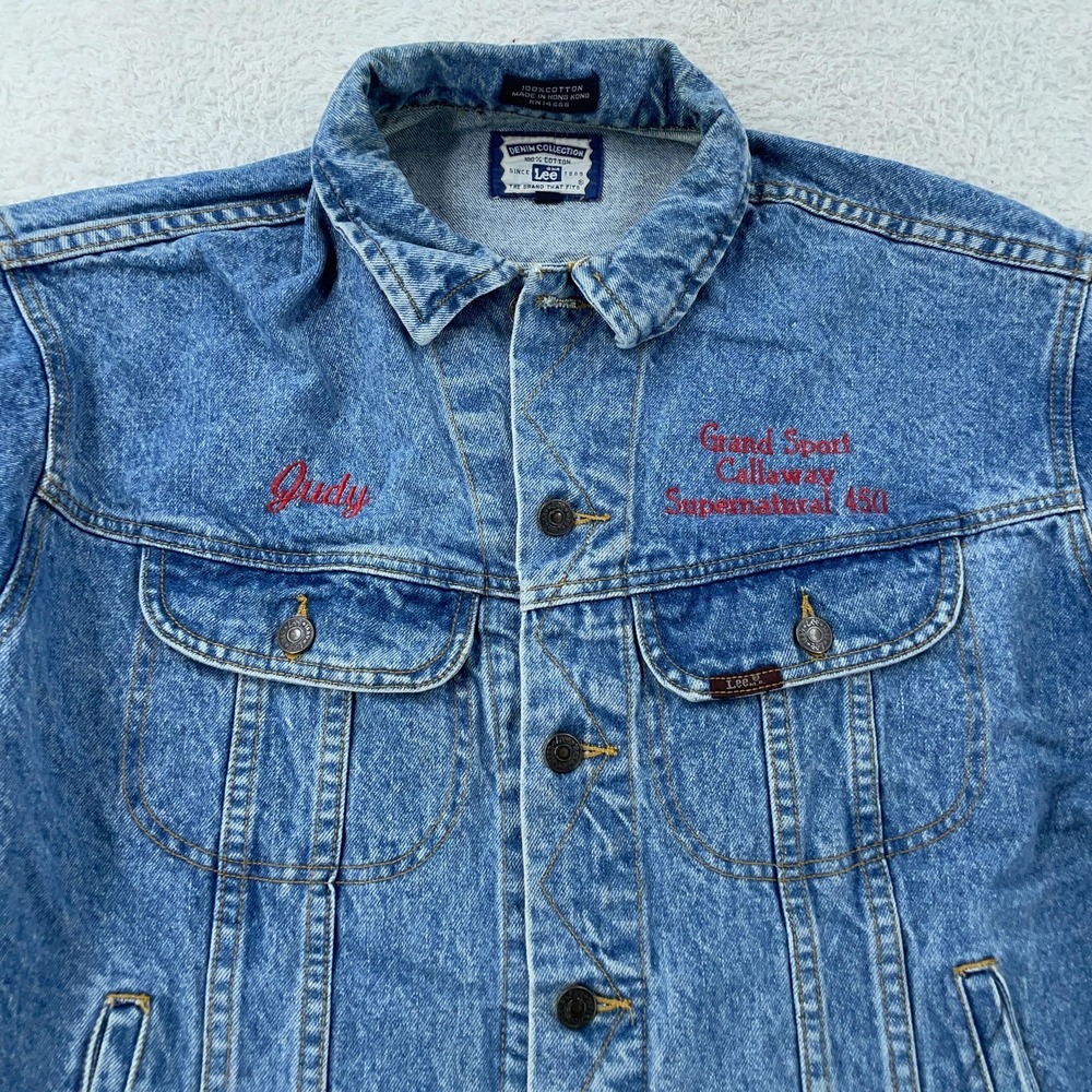 VINTAGE Lee Denim Jacket CROP FIT M/L Trucker Corvette Callaway Grand Sport 90s - Picture 2 of 12